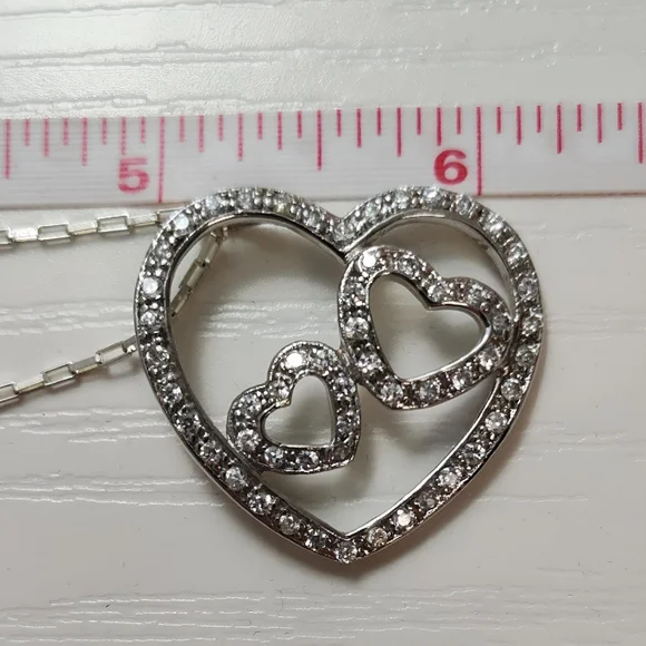 Vintage Sterling Silver Large Triple Heart Pave CZ Pendant with 30" Chain - Picture 10 of 12